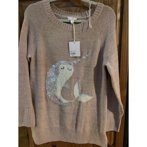 Lauren Conrad Narwhal Unicorn Whale Sweater Medium Pink Sequins Bling, Very Soft